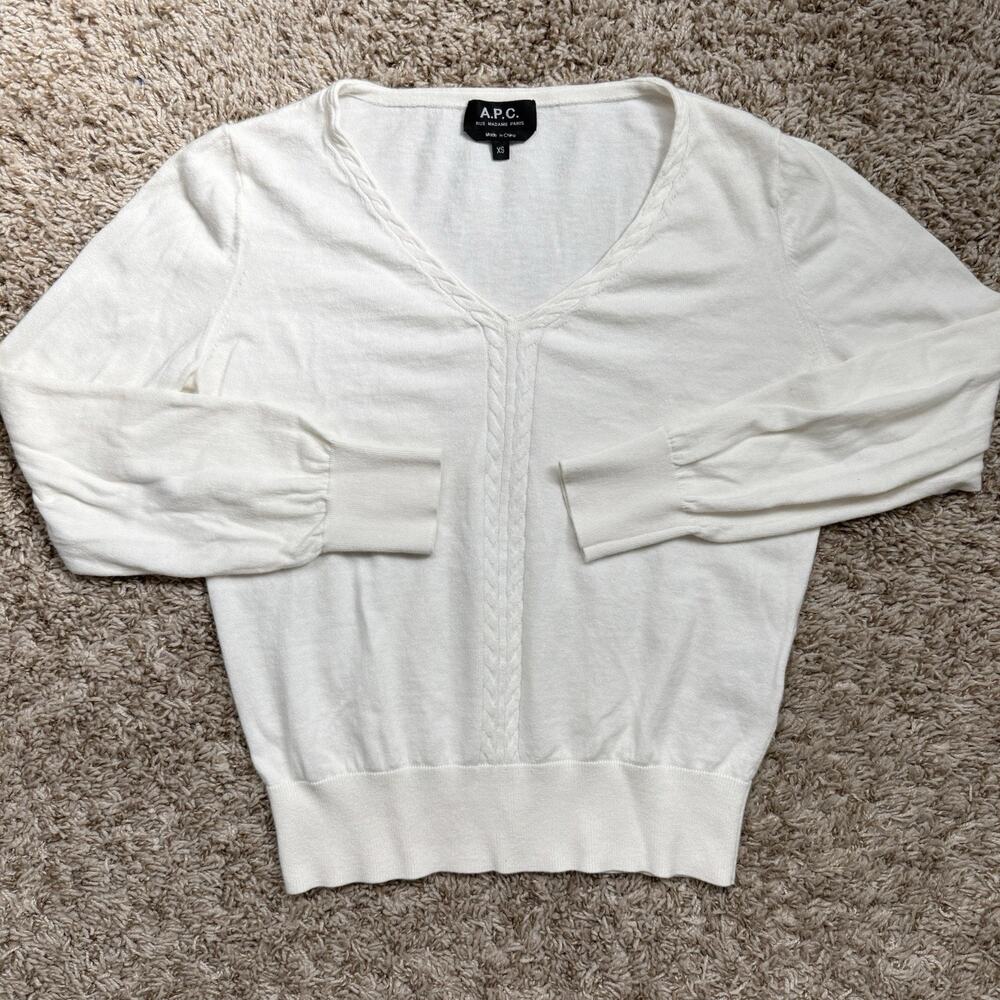A.P.C. White V Neck Sweater Cotton Women’s Size XS Cashmere Wool Blend APC